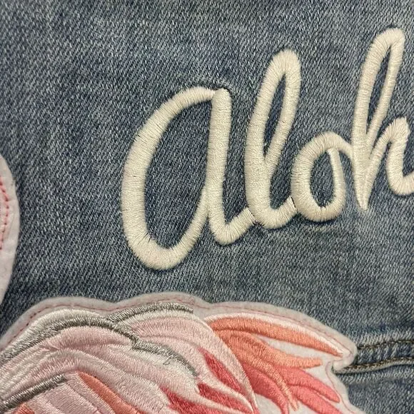 Denim Jean Stretch Jacket Embroidered Flamingo Aloha SZ S/M - Picture 4 of 11
